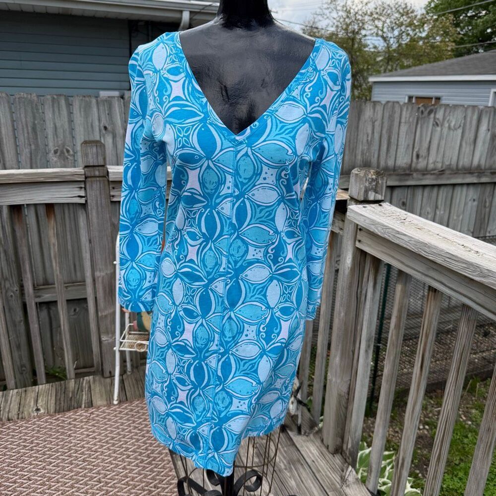 Lilly Pulitzer Juliet V-Neck Dress What A Racquet Ariel Blue Fish Pima Cotton - Picture 2 of 4